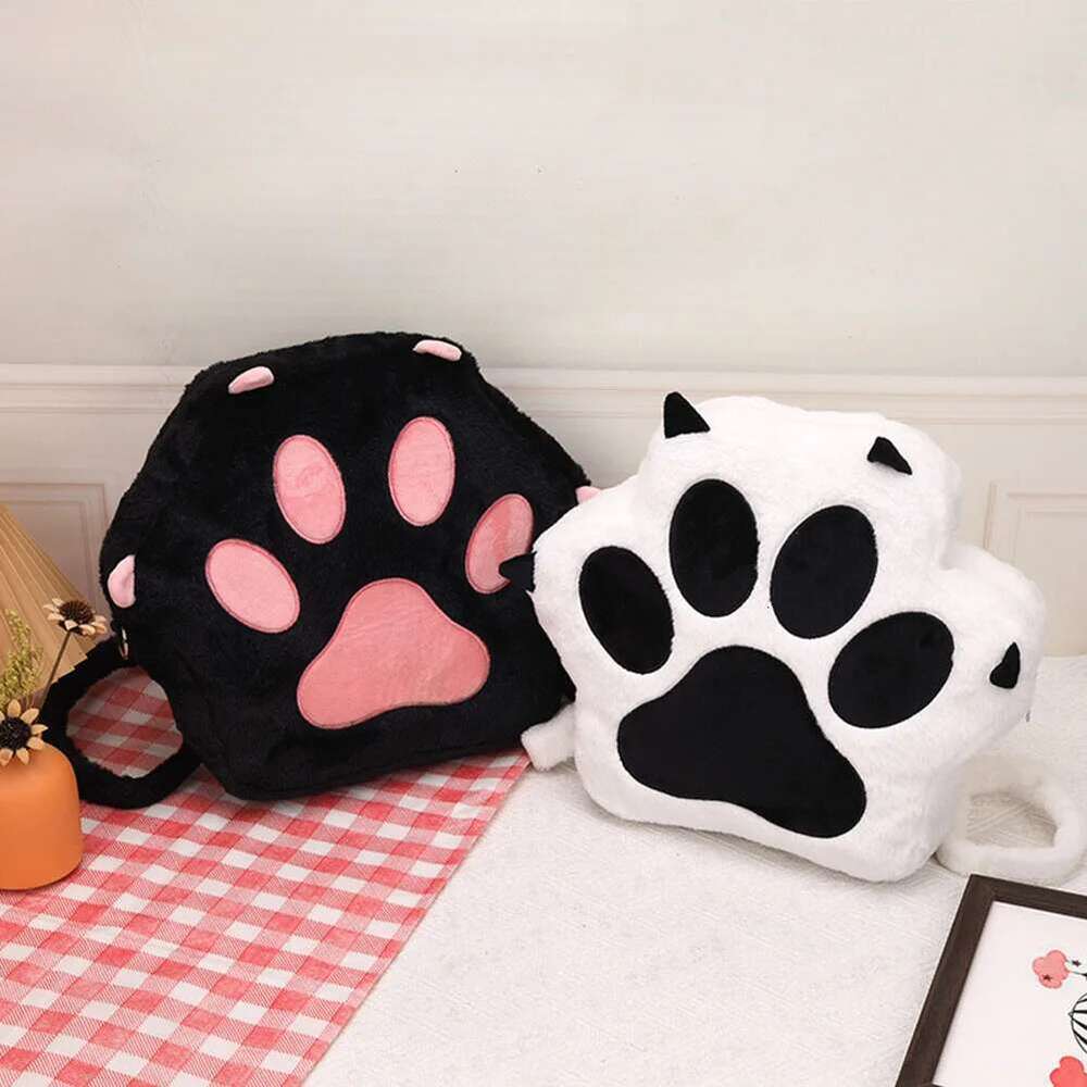 Cute Cat Paw Plush With Adjustable Straps Soft Furry Purse JK Bag Cartoon Backpack For Women Girls