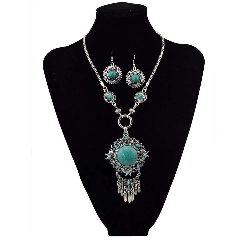 Bohemian Vintage Blue Acrylic Stone Beads Tassel Choker Necklace Earrings For Women India Gypsy Boho African Ethnic Jewelry Set