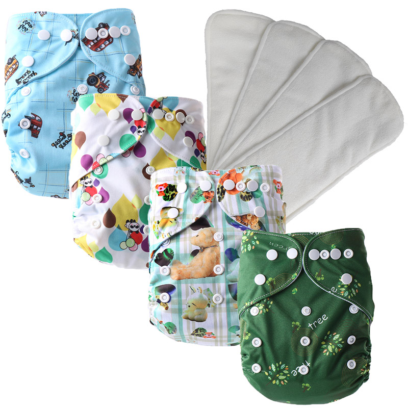 4 Sets Baby Cloth Diapers Reusable Nappy Washable One-size Modern Print Eco Friendly Cloth Pocket Diapers Nappies for Baby 0-3 years Old 3-15 KG