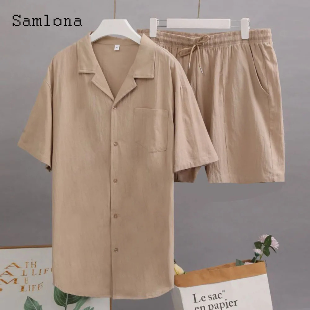 Plus Size 3xl mens casual linen two-piece set Western style fashion shirt and white shorts set mens basic track set 250425
