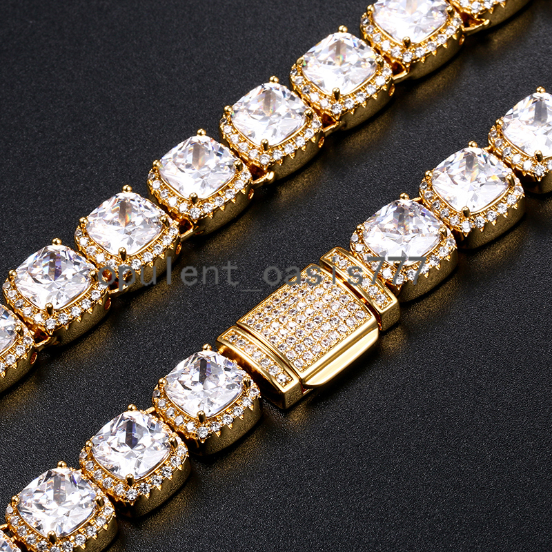 Wholesale Hip Hop Jewelry 11mm Gold Plated Brass Cushion Cut moissanite Diamond Iced Out Tennis Chain Men Necklace