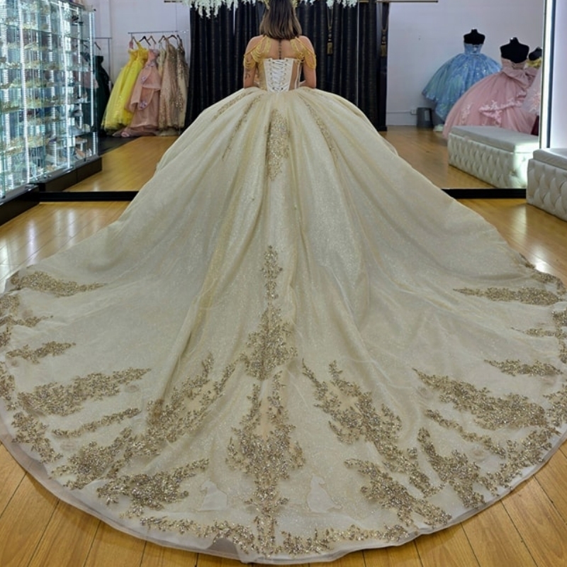 Champagne Shiny Princess Quinceanera Dresses Off Shoulder Applique Lace Beads Tull Sweet 16 Dress Ball Gown Vestidos 15 Anos