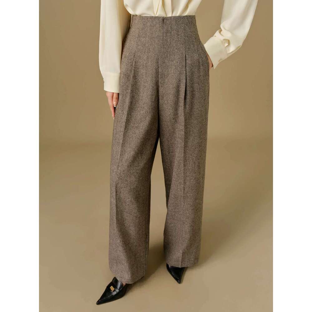 DUSHU 53.2% Sheep Wool Plus Size Commuting All-Match High Waist Elegant Wide Leg Pants Women 2024 New Trousers 24Dh84028