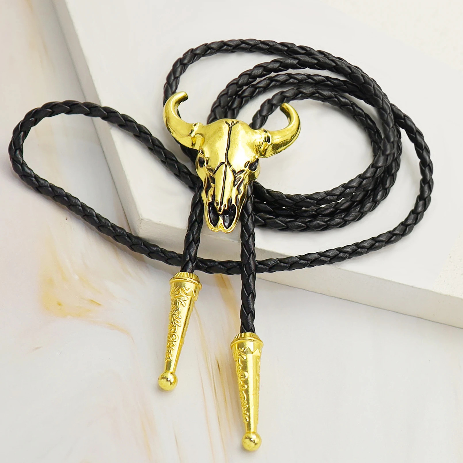 Mens Western Vintage Bolo Tie Cow Skull n Black Leather Rope Cowboy Necktie with Bull Head Pendant Jewelry Gift Unisex 250430