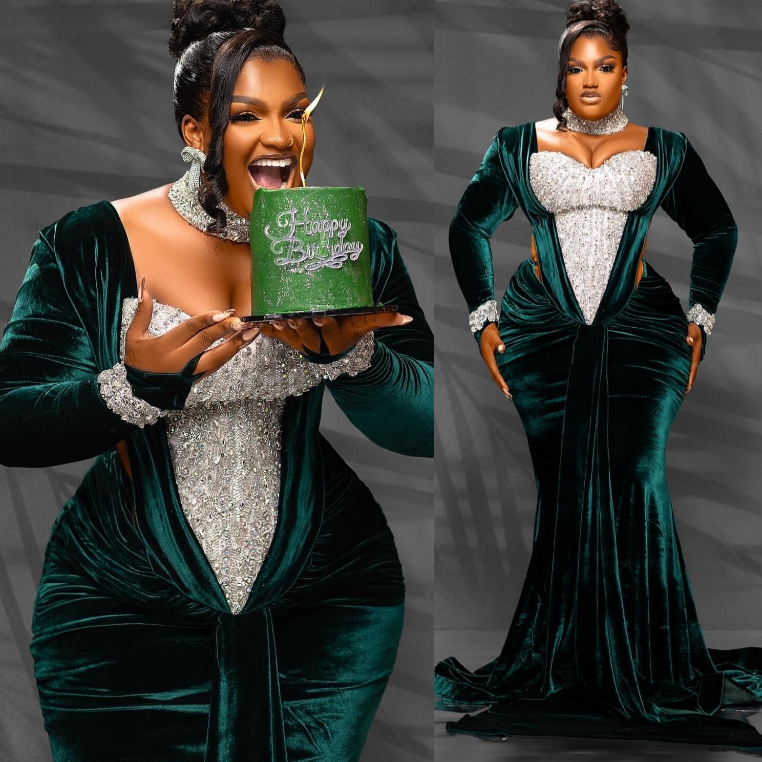 Mermaid Dark Green Plus Size Prom Dresses 2025 Velvet Crystals Full Sleeves Evening Formal Party Second Birthday Engagement Gowns Dress For Special Oc