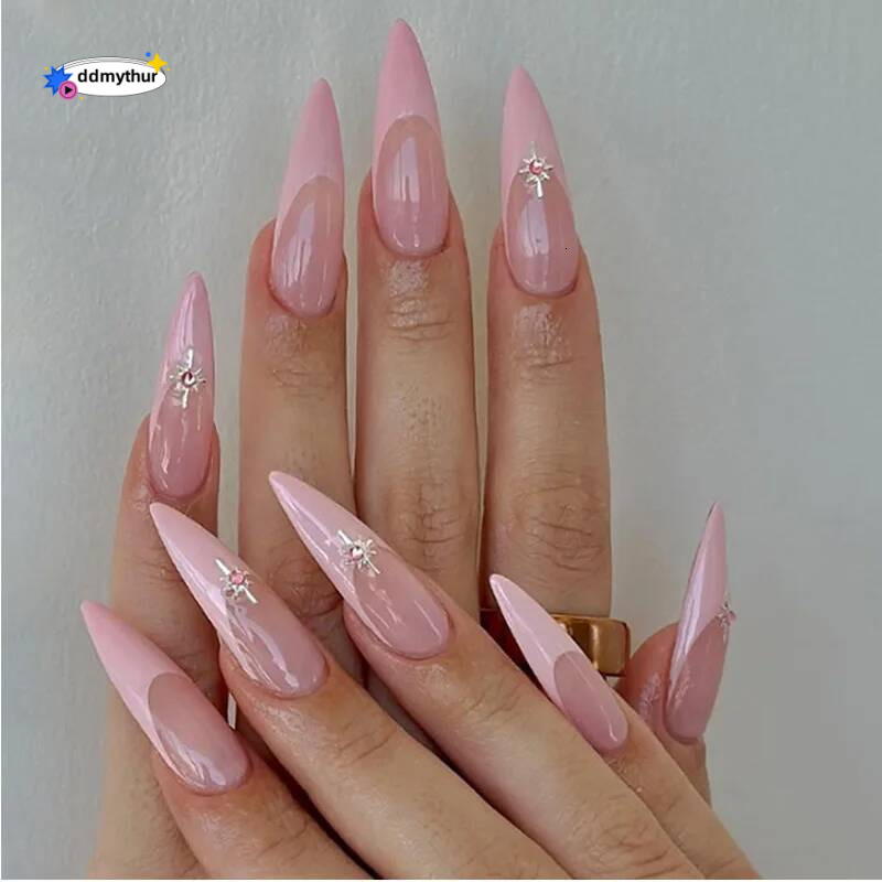 24pcs Gradient French False Art Y2k Rhinestones Full Cover Sets Long Stilettos Press on Nails Tips Black Fake Nail ddmythur
