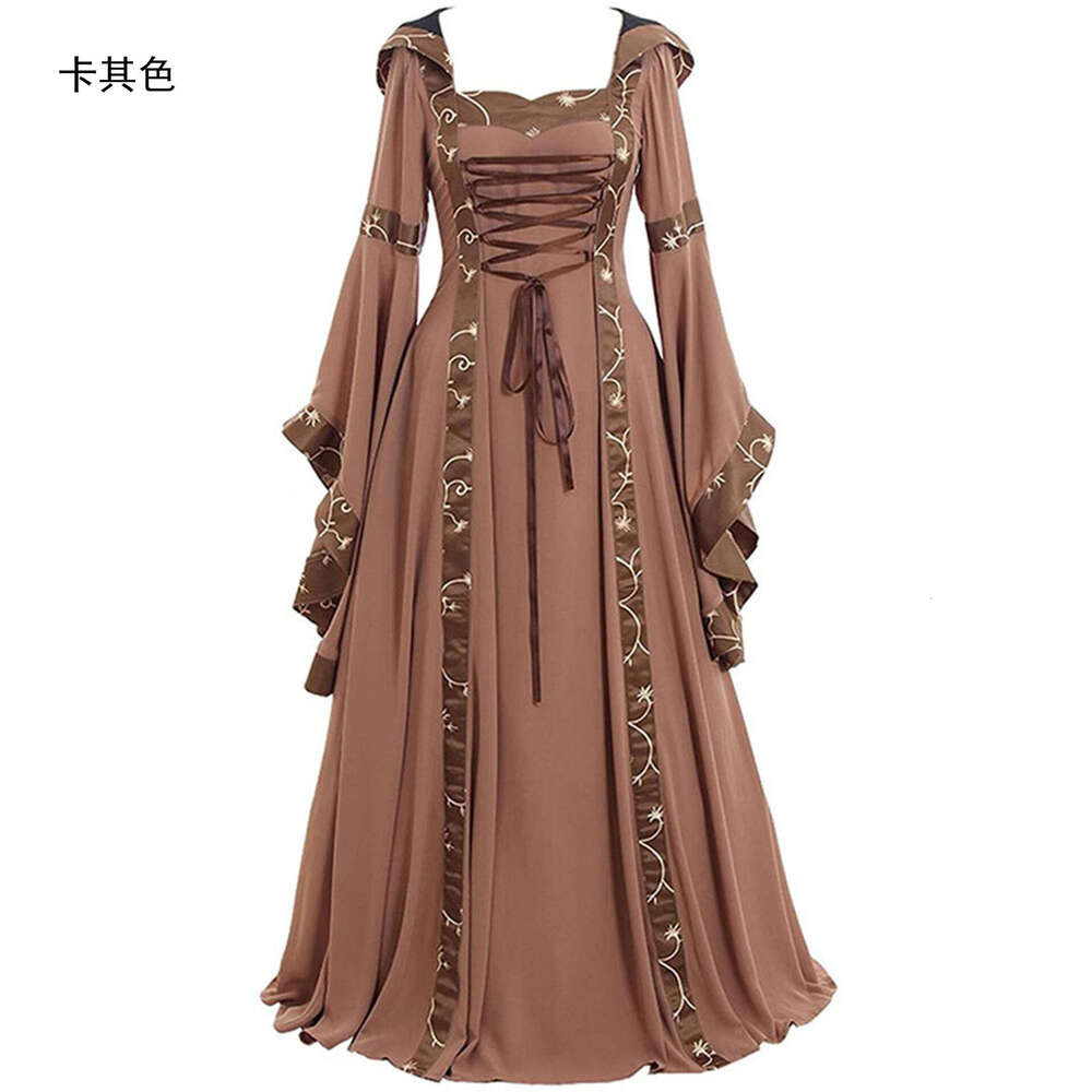European and American medieval retro hooded dress with square collar, lace up, flared sleeves, large swing skirt, 2025 new casual fashion trend clothi