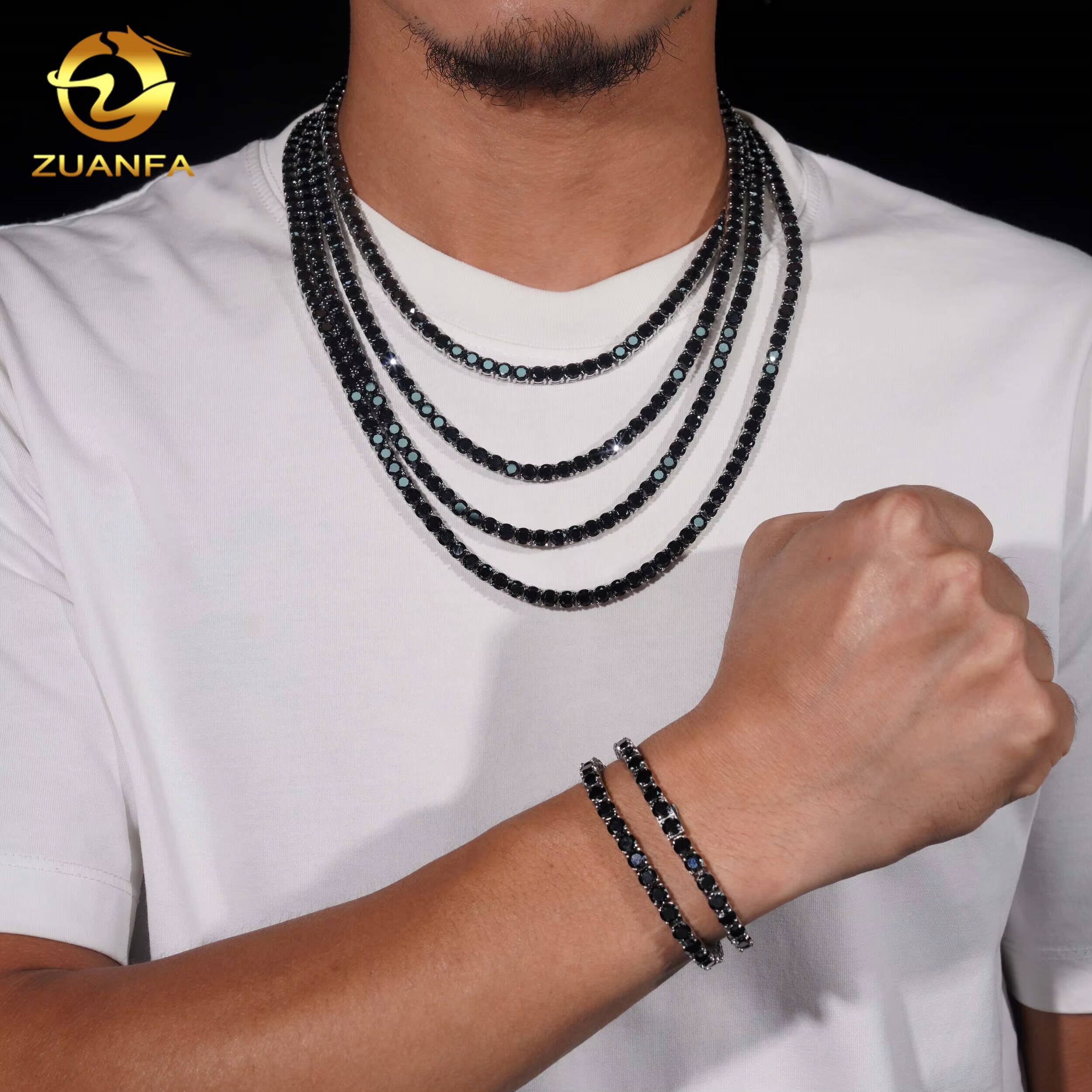 Wholesale Fast Shipping 316L Stainless Steel Tennis Chain Iced Out Jewelry Hip Hop Black Moissanite Diamond Tennis Necklace