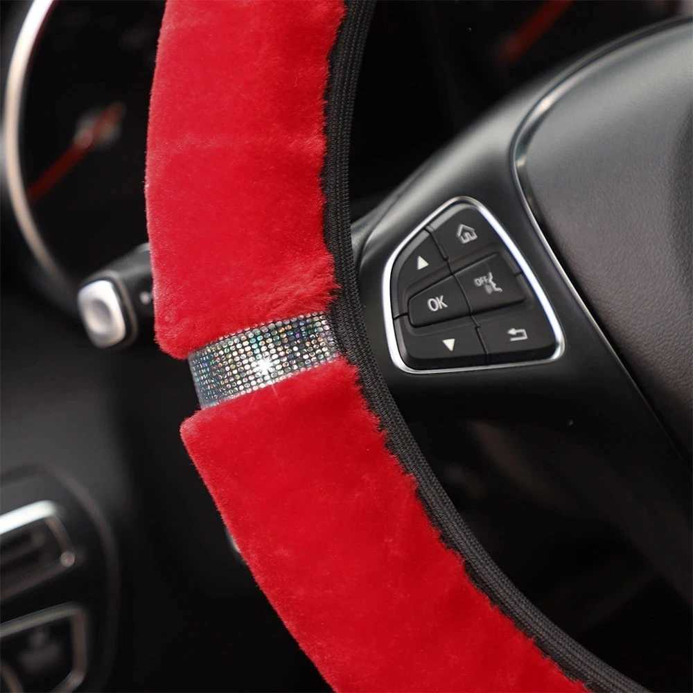 Car Steering Wheel Cover Gearshift Handbrake Cover Protector Decoration Warm Soft Plush Rhinestone Black Pink Women Man H25430