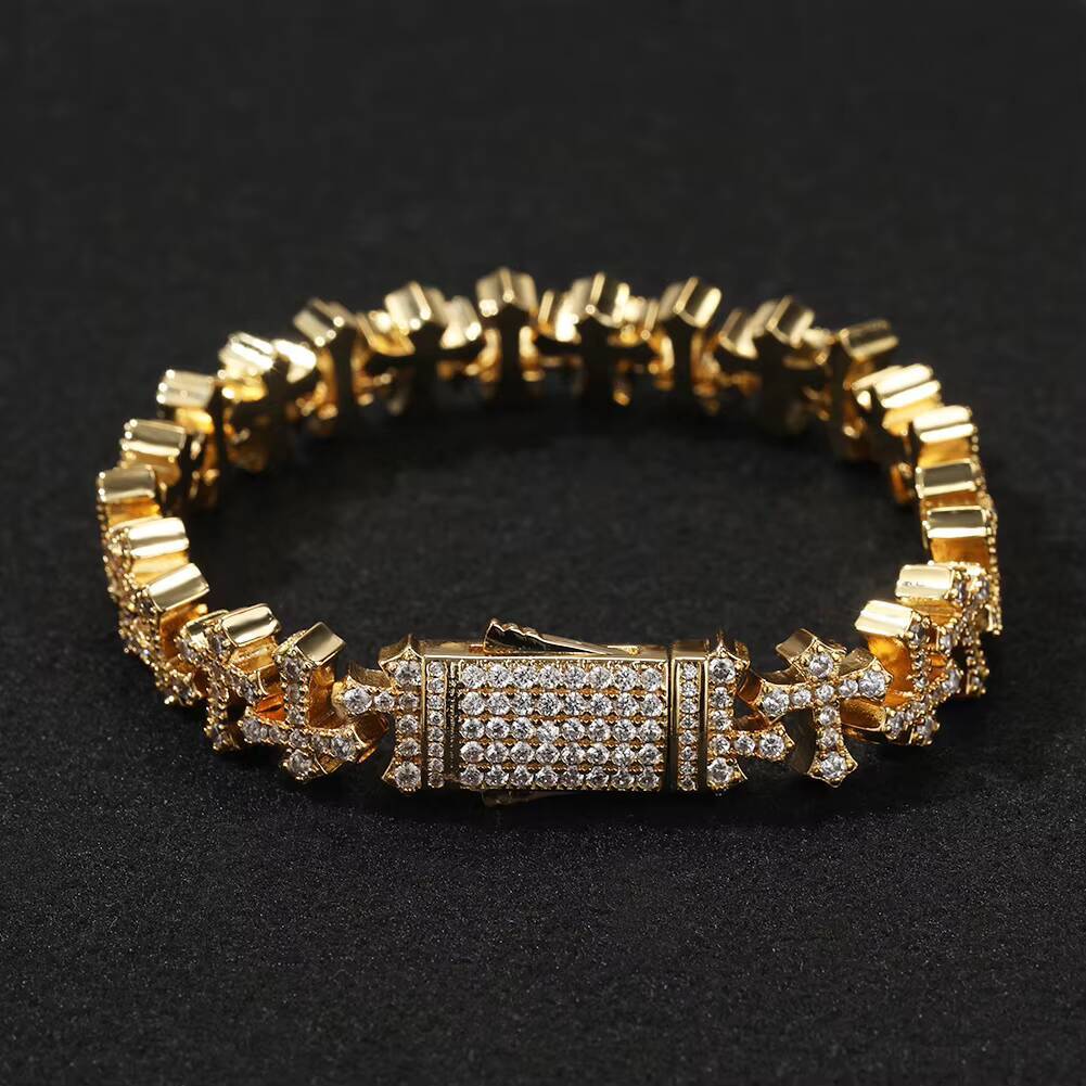 Iced Out 5A CZ Cross Bracelet Cluster Mini Cross Link Chain Bracelets 18K Gold Plated Brass Jewelry