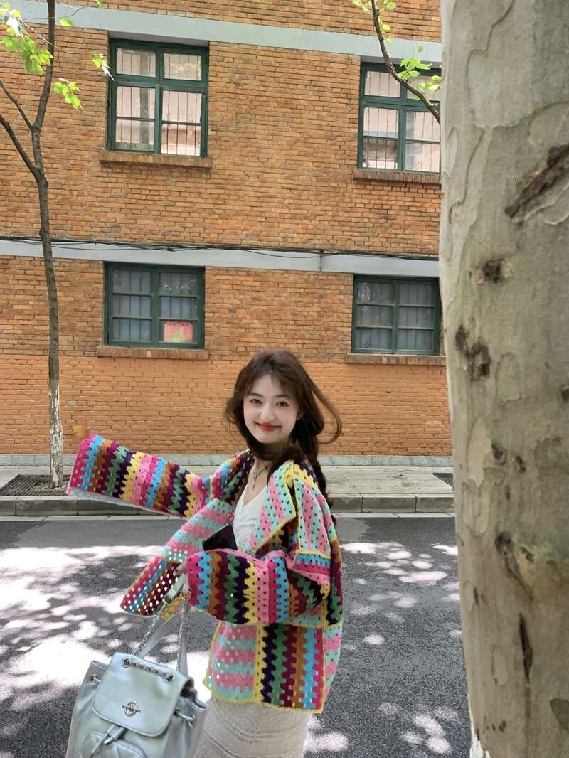 SALIENCY Colorful Crochet Knit Hollow Cardigan Sweater Jacket Women Spring Top Loose Short Knitwear fashion clothing women