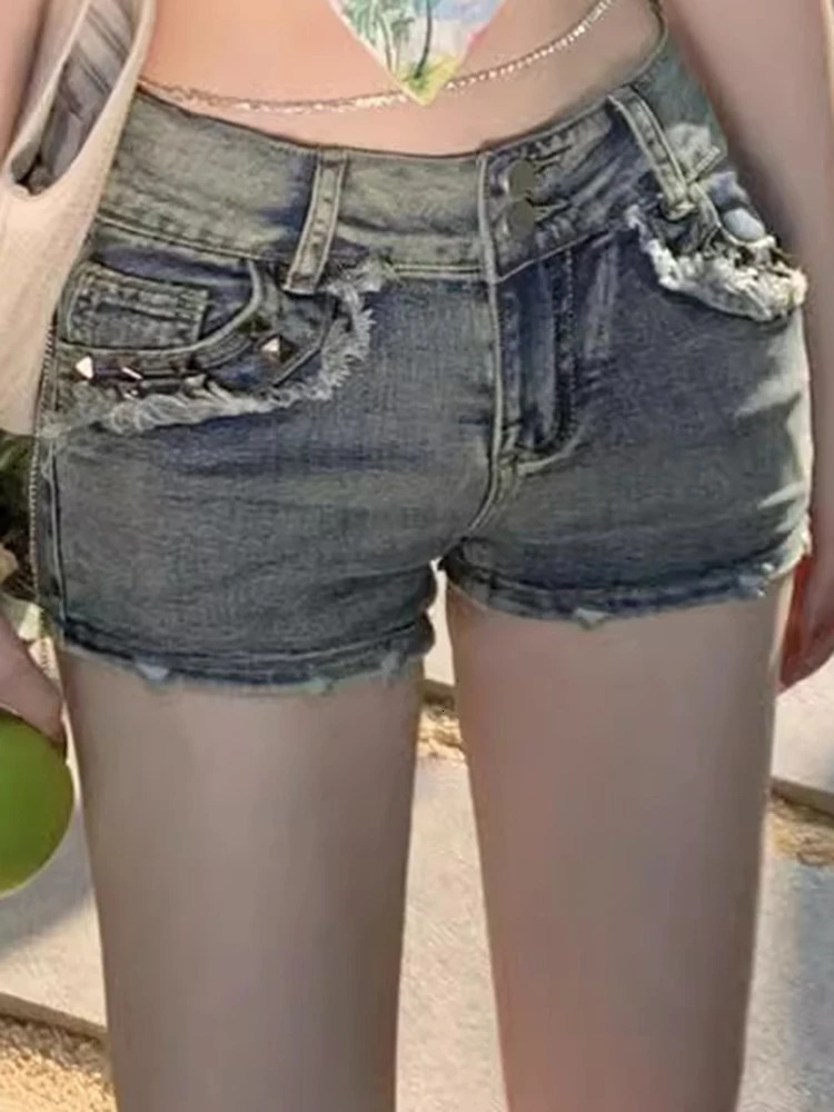 Women Korean Retro Y2k Shorts Pants Lady Vintage High Street Pants Female Blue Low Waist Elastic Wrapped Hip Short Jeans 250520