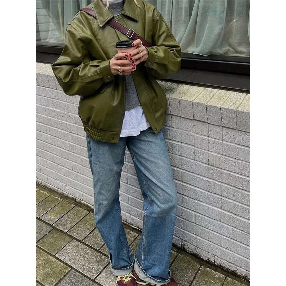 Zipper PU Leather Jacket Women Retro Green Long Sleeve Lapel Short Coat Female 2025 Fashion Spring Autumn High Street Outerwears