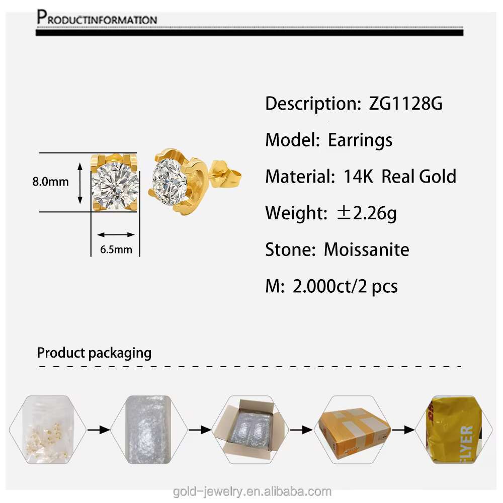 14k Solid Yellow Gold Moissanite Studs Earrings for Women Wedding Gift Fine Jewelry