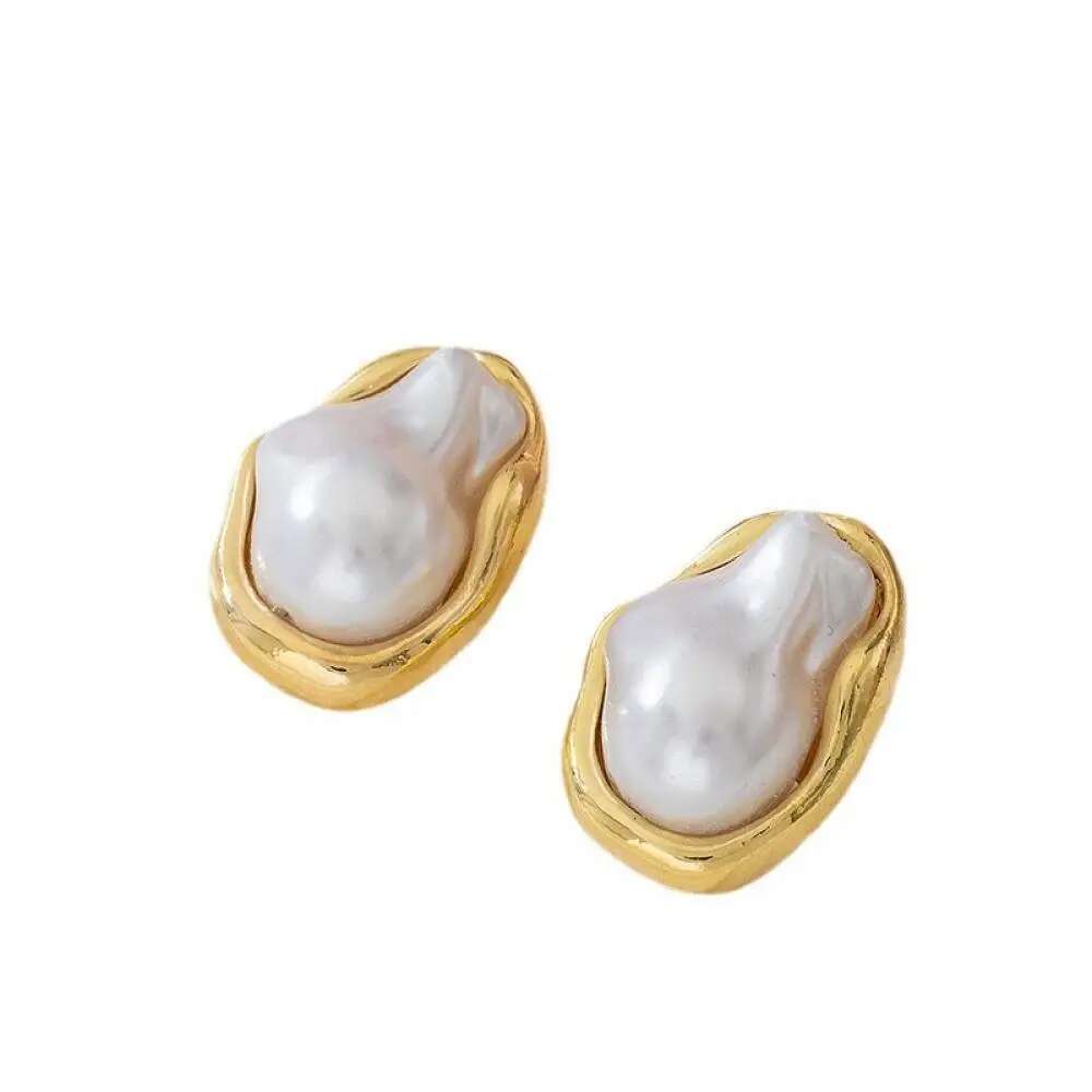Exquisite Irregular Baroque Pearl Stud For Women Girls Vintage Gold Color Metal Edged Earrings Jewelry Accessories