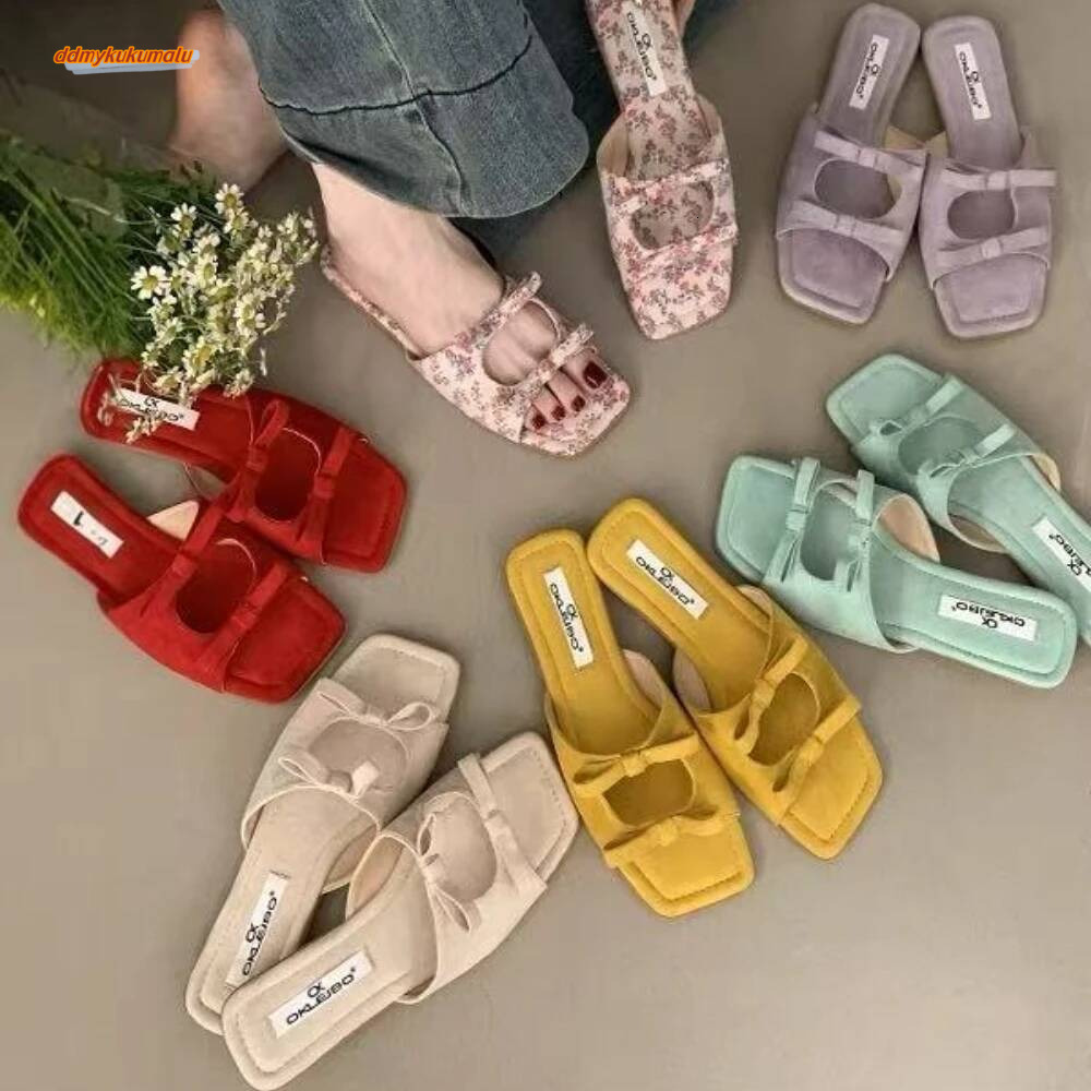 Fashion Butterfly-Knot Ladies Flats Female Square Toe Summer Beach Slides Slippers Sandals Shoes For Women ddmykukumalu