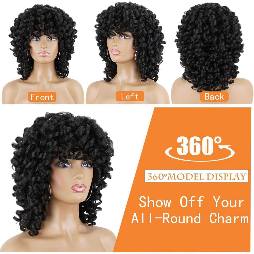 PHOENIXFLY Black Short Wigs for Women Curly Synthetic Heat Resistant Hair Replacement with Wig Caps (Black)