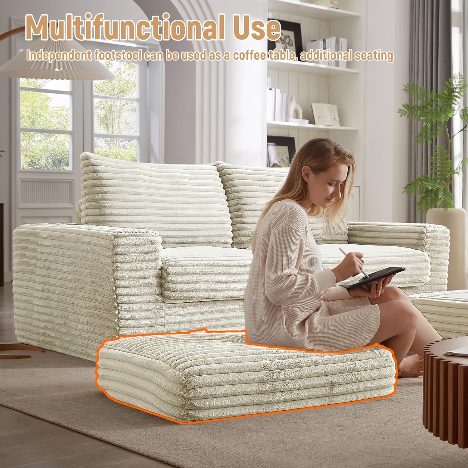 92'' Cloud Couch, Modular Sectional Sofa with Ottoman, Modern Convertible L Shaped Couches Upholstered Corduroy Boneless Couches for Living 