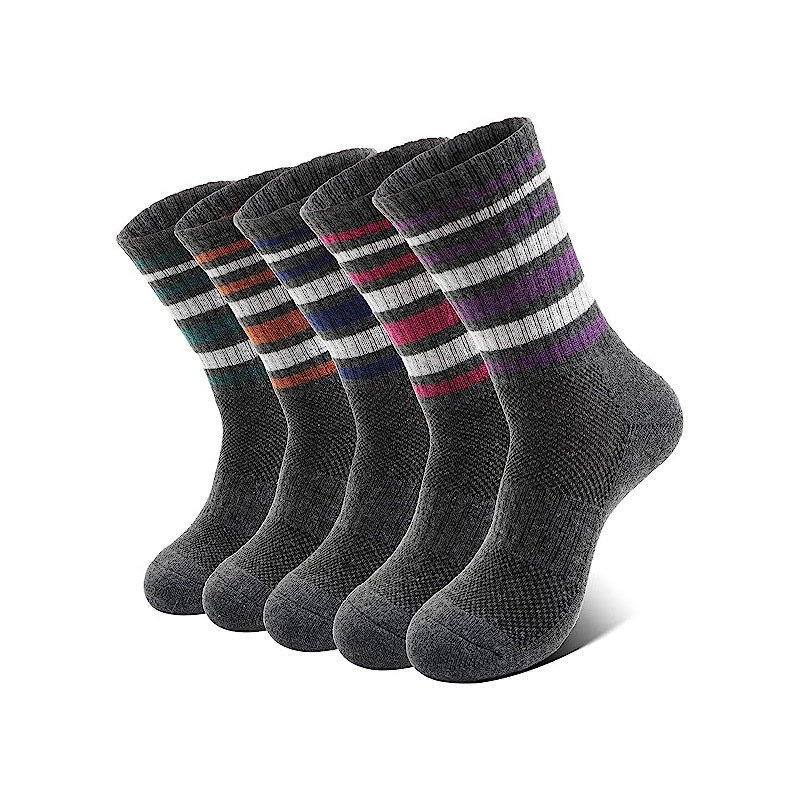 Merino wool for women's warm winter boots, work padded socks, outdoor mid length striped hiking socks
