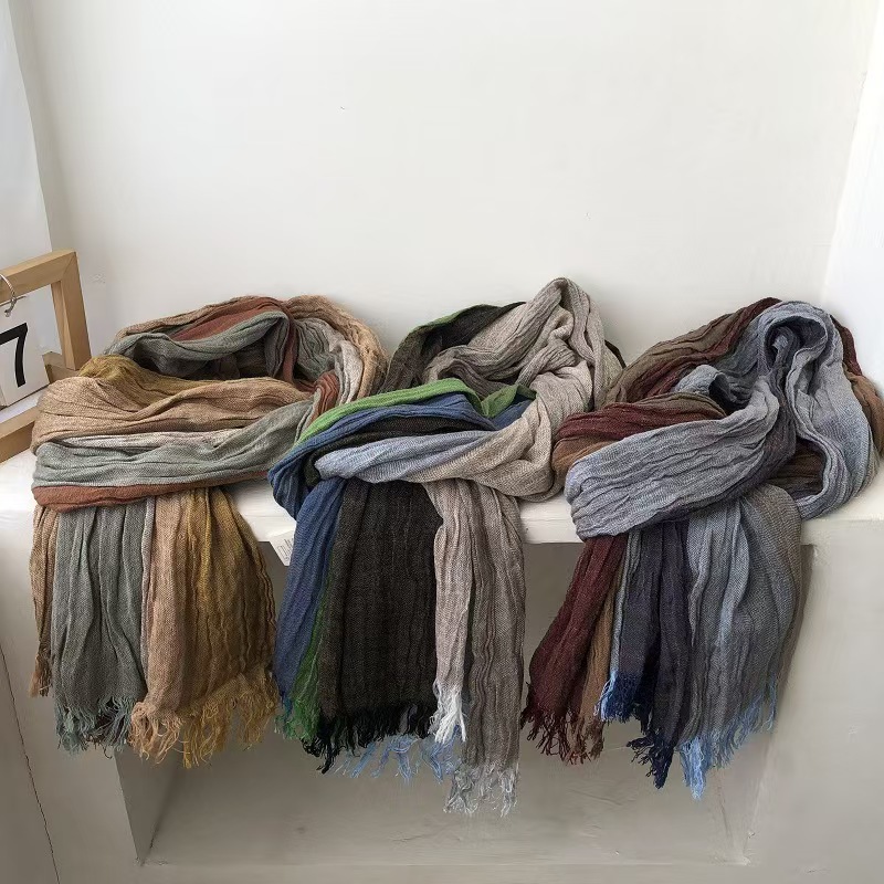 T599 literary retro striped color matching men's and women's cotton scarf spring and autumn pleated fashion soft neck protection warm long s