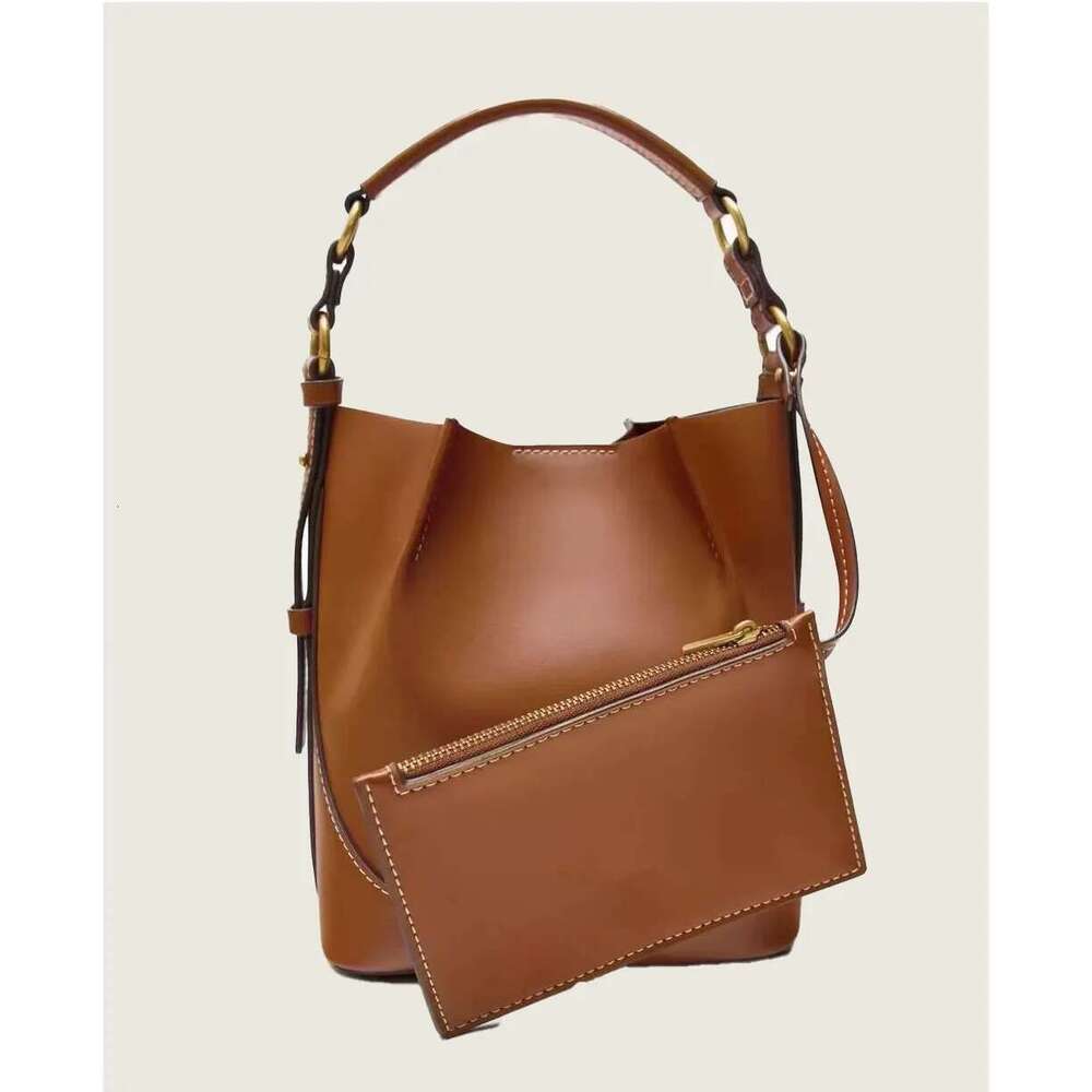 2025 New Fashion Women's Brown Korean Version Of Portable Slung Broadband Beam Mouth Bucket Bag