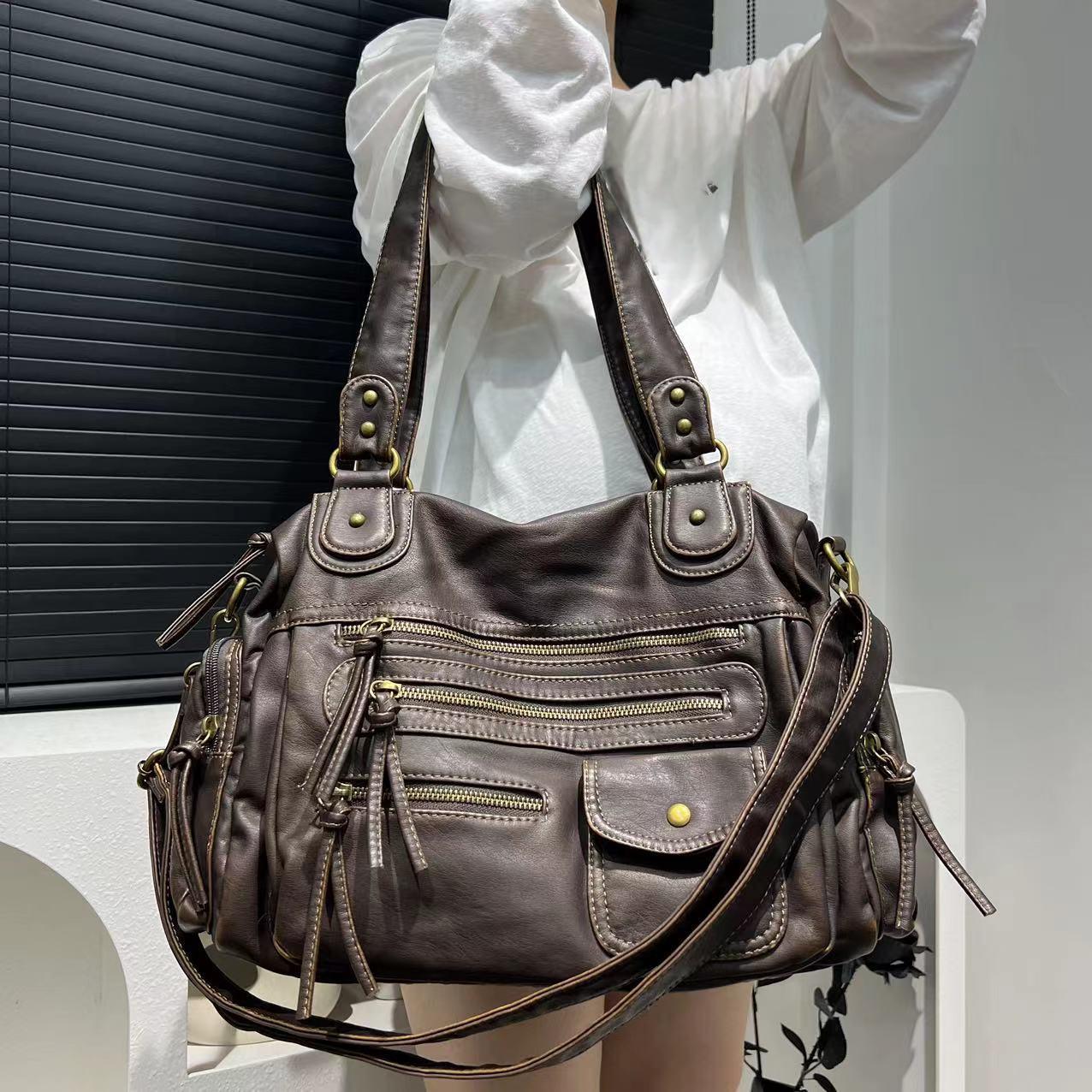 Ladies' fashionable Y2K washed used motorcycle bag, large capacity retro single shoulder crossbody handbag