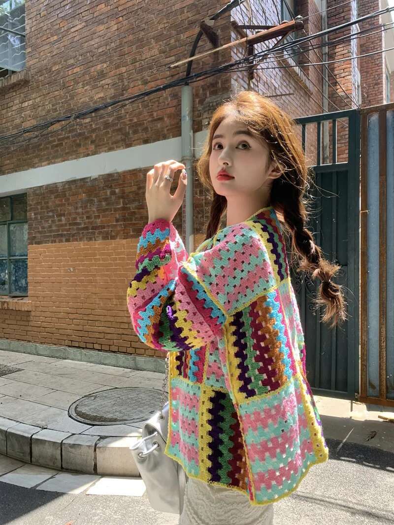 SALIENCY Colorful Crochet Knit Hollow Cardigan Sweater Jacket Women Spring Top Loose Short Knitwear fashion clothing women