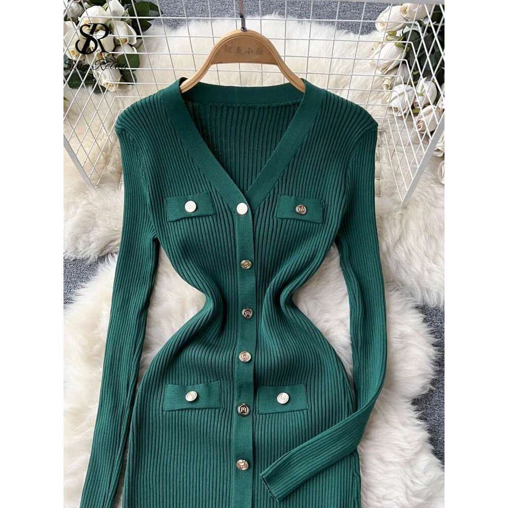 SINGREINY Winter Slim Design Knitted V Neck Single Breasted A Line Split Midi Sleeve Women Sweater Long Dress