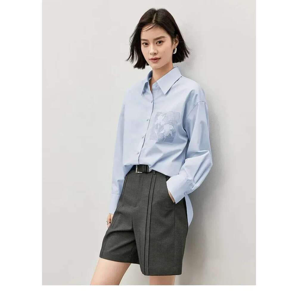 SENTUBILA Embroidery Cotton Women Shirt 2025 Spring Autumn Loose Fit Drop Long Sleeve Simple Commute Shirts & Blouses 143C56224