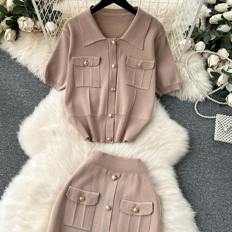 Heliar Elegant Knitted Two Piece Womens Short sleeved Top and Skirt Set with Buttons Summer Solid 250530