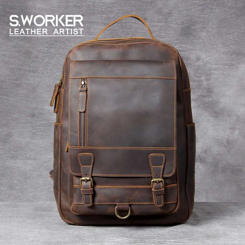 S.Worker Vintage Genuine Backpack Laptop Crazy-Horse Leather School Outdoor Travel Weekender Shoulder Bag
