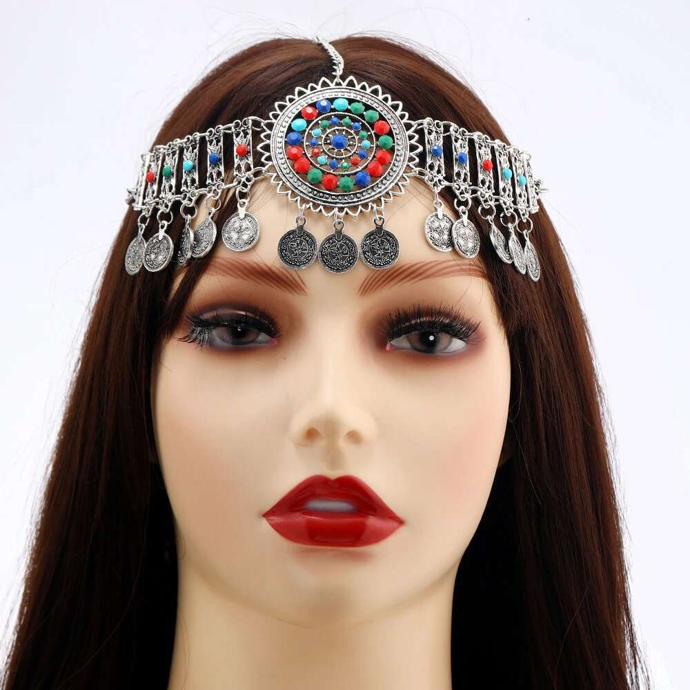 Vintage Afghan Gypsy Coin Headband Bracelet Earrings Sets Boho Colorful Rhinestone Round Hollowed Flower Turkish Female Jewelry