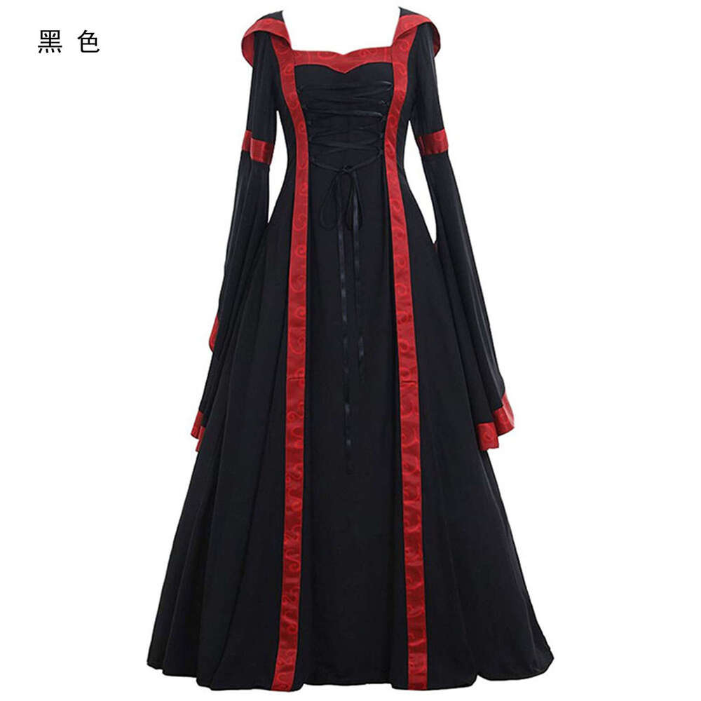 European and American medieval retro hooded dress with square collar, lace up, flared sleeves, large swing skirt, 2025 new casual fashion trend clothi
