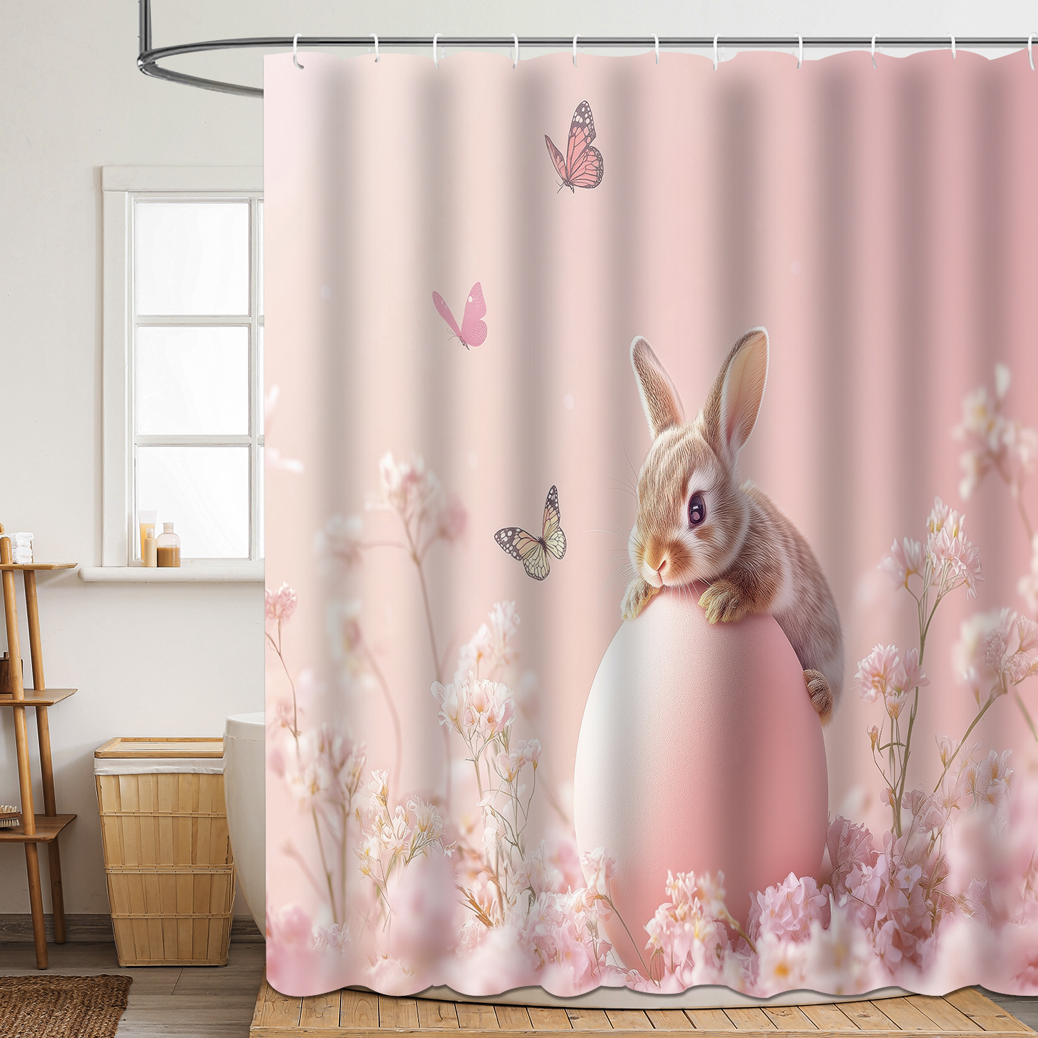 YL-37848 Shower Curtain Digitally Printed Easter Bunny Egg, Polyester Waterproof and Mildew-proof Shower Bathroom Partition Curtain