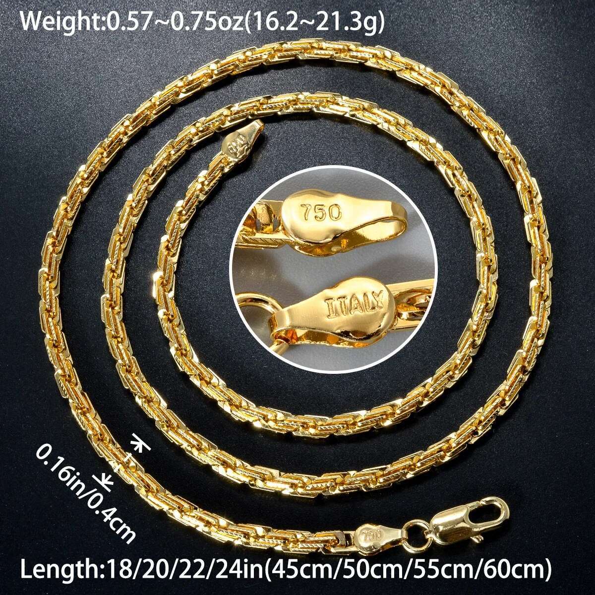 Width 4mm Italian 750 gold Plated textured Dubai Necklace DIY simple jewelry men women party