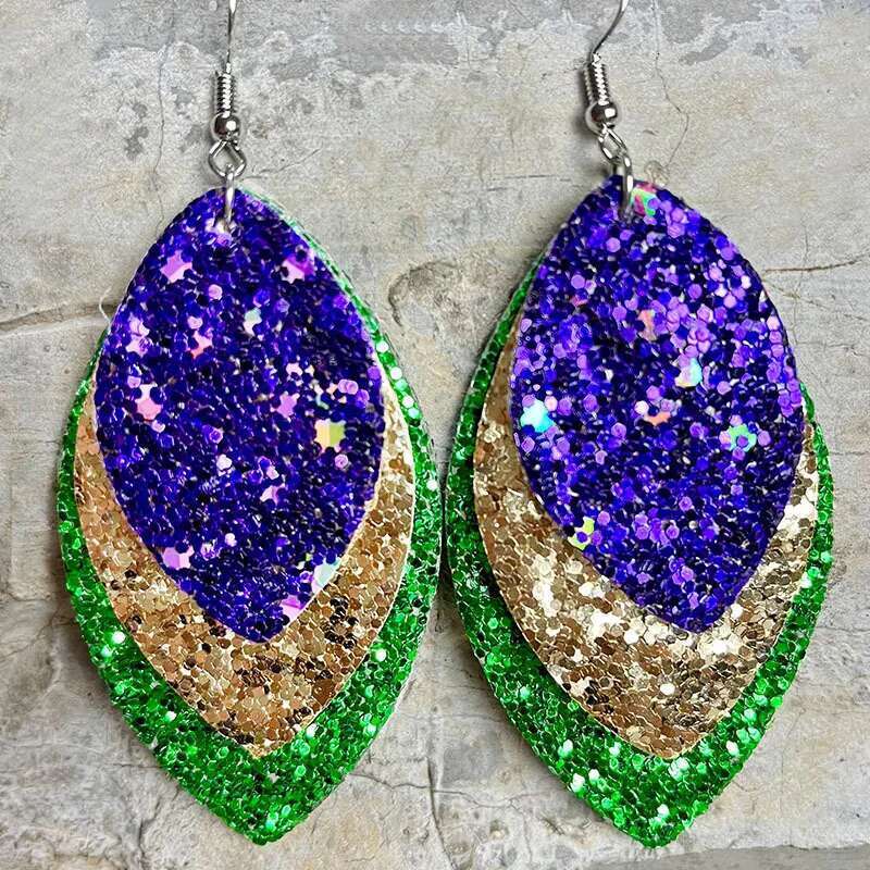 Carnival Purple Green Yellow Soft Feather Shining Water Drop Leather Glitter Pendant Personalized Metal Mesh Earrings