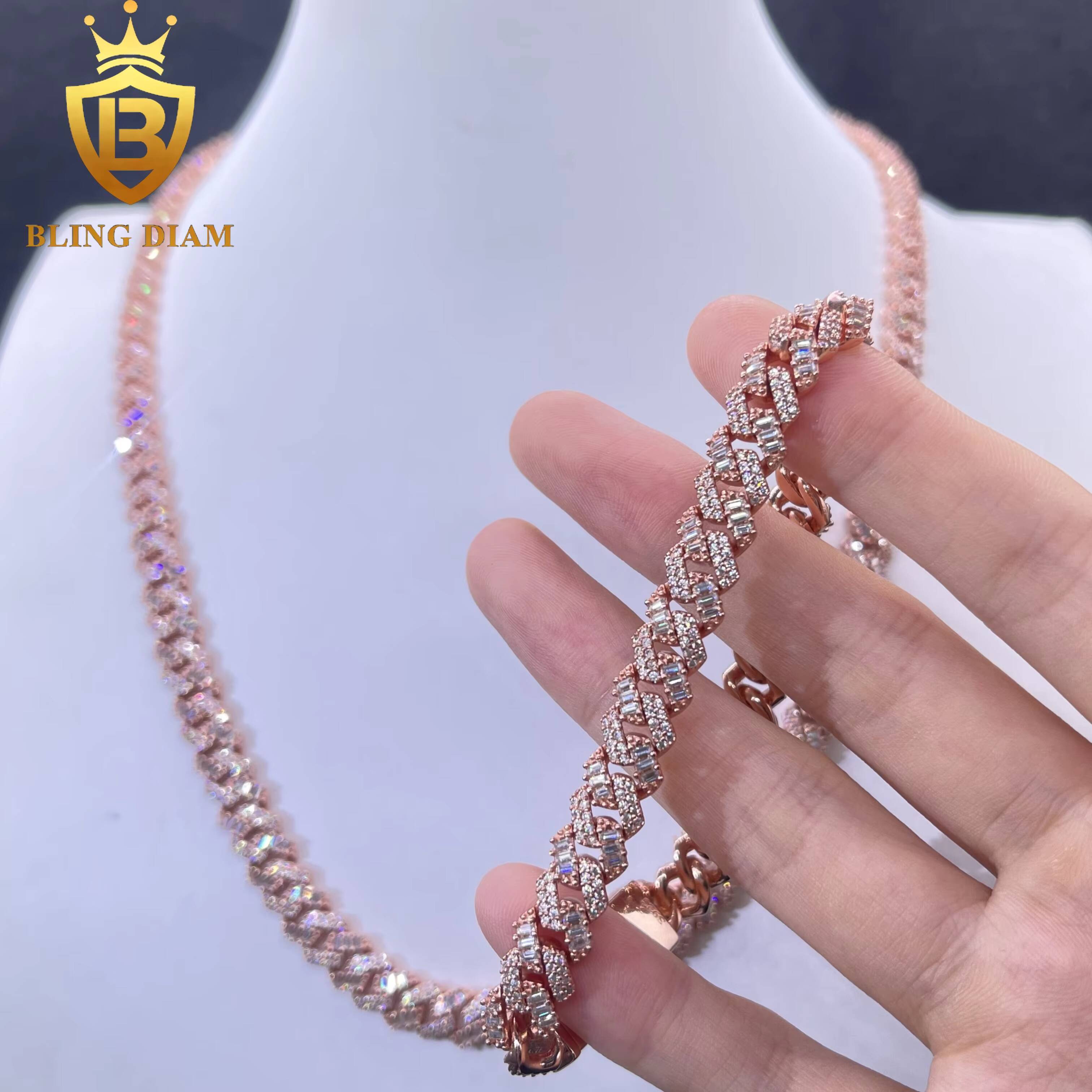 8mm Hip Hop Miami Rose Gold Cuban Link Chain Baguette Moissanite Iced Out 925 Sterling Silver Necklace Bracelet Set for Men