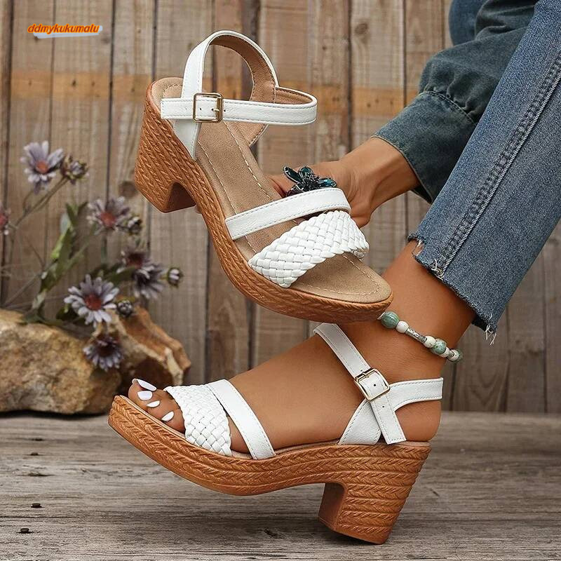 Zoki White Chunky Heeled Women Summer 2025 Braid Band Gladiator Sandals Woman Ankle Strap Casual Platform Sandles Mujer ddmykukumalu