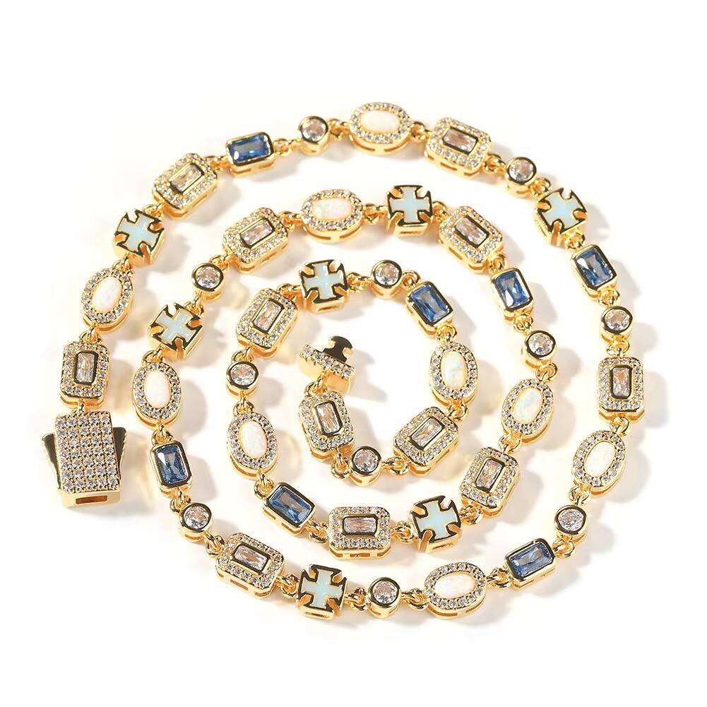 UWIN Hip Hop Crystal White Opal Gemstone Blue Topaz Dainty Bracelet Blue Cross Link Necklace Exquisite Fine Jewelry for Women