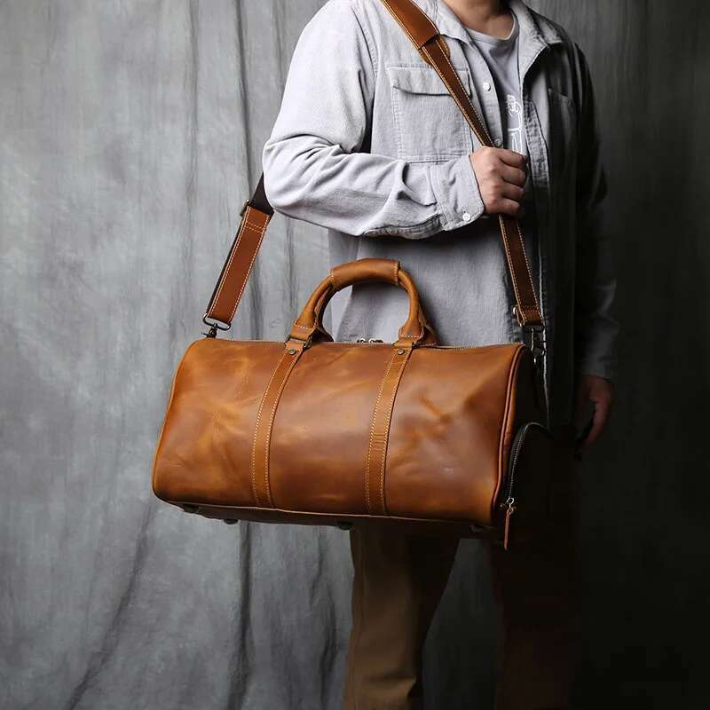 NZPJ Vintage Genuine Men's Travel Original Natural Cowhide Handbag Crazy Horse Leather Crossbody Computer Bag