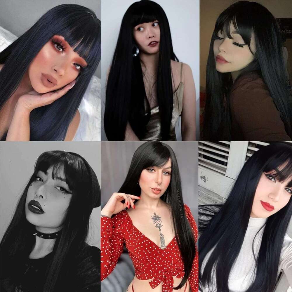 Netgo Women, Long Straight Black Wig with Bangs, Natural Looking Heat Resistant Synthetic Cosplay Party Wigs for Girls