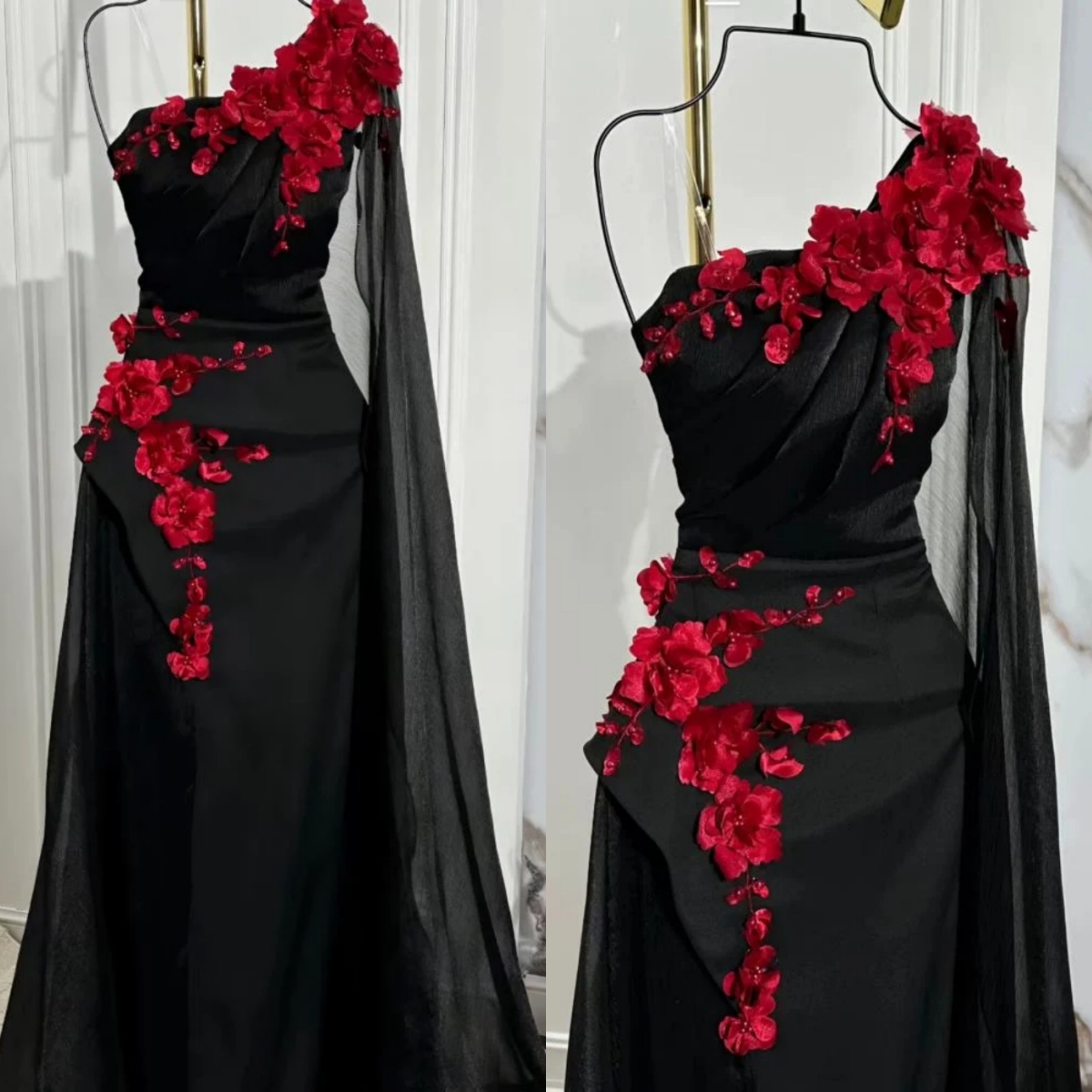 Elegant One Shoulder Black Prom Dresses With Red Flowers Appliques Arabic Dubai Chic Evening Gowns Long Special Occasion Dress
