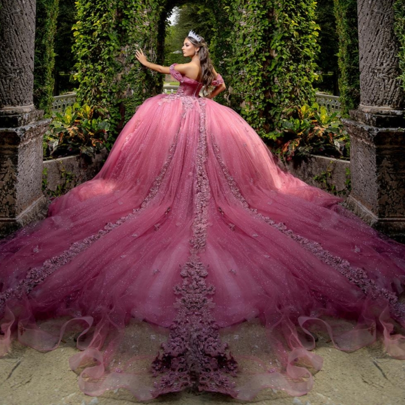 Rose Red Quinceanera Dresses Off Shoulder Ball Gown Sweet 16 Dress Applique Flower Beads Tull Birthday Party Vestidos 15 Anos