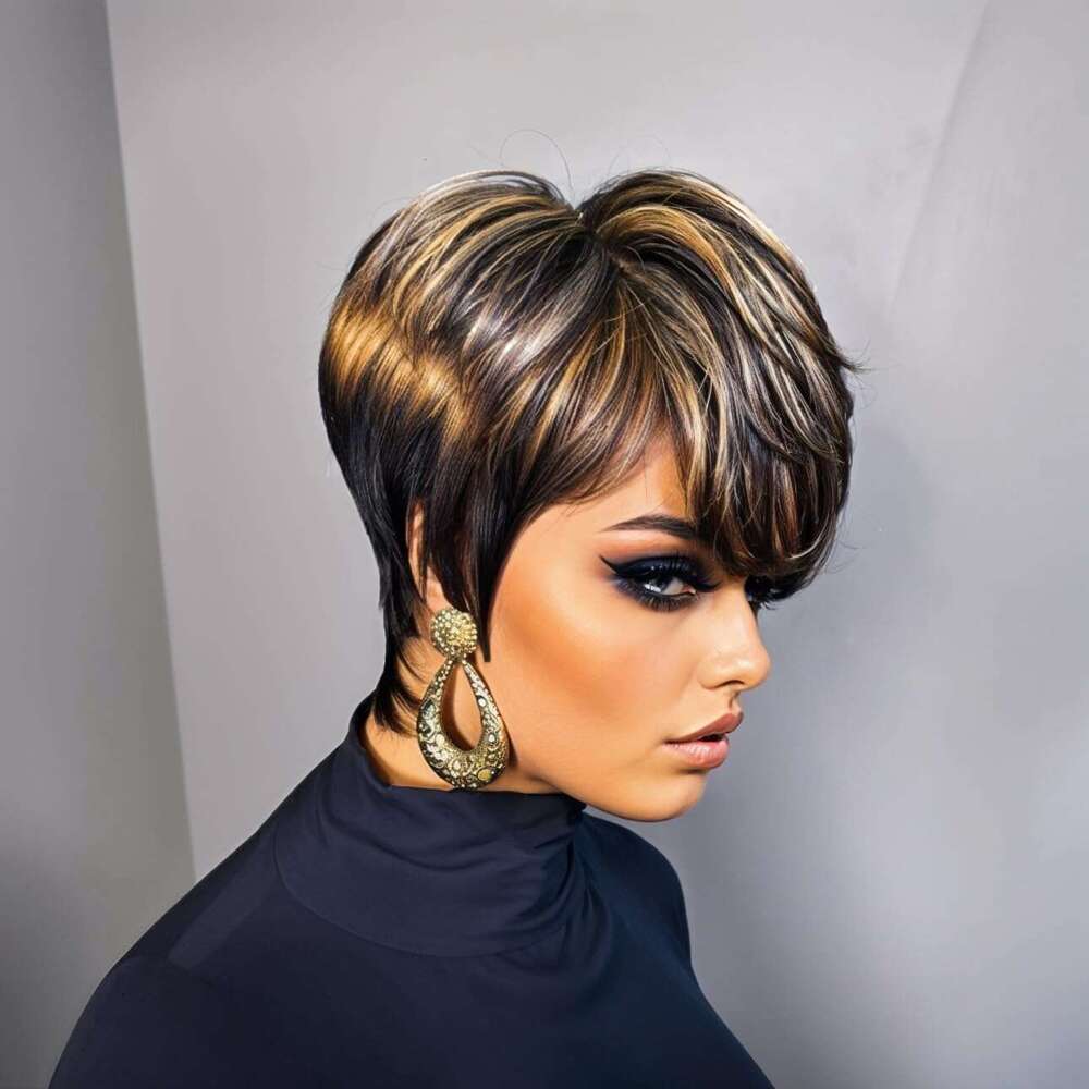 PangDongLai Cut for Black Women 1B/30/613 Trend Color Short Layered Pixie Wigs With Bangs Brazilian Straight Real Human Hair Glueless Full hine Made (