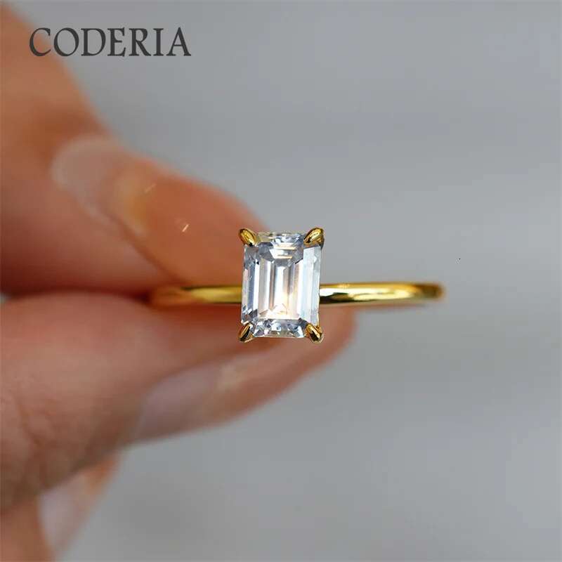 Pass Diamond Test 1CT Emerald Moissanite Ring Plated 18K Gold Women Wedding Jewelry 925 Sterling Silver Finger Band