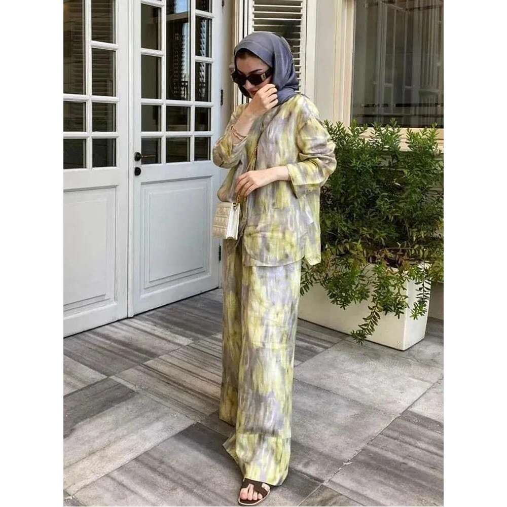 ZABA Women's Tie-Dye Printed Set Lapel Asymmetric Button Long Sleeve Shirt And Casual High-Waisted Loose Wide-Leg Trousers