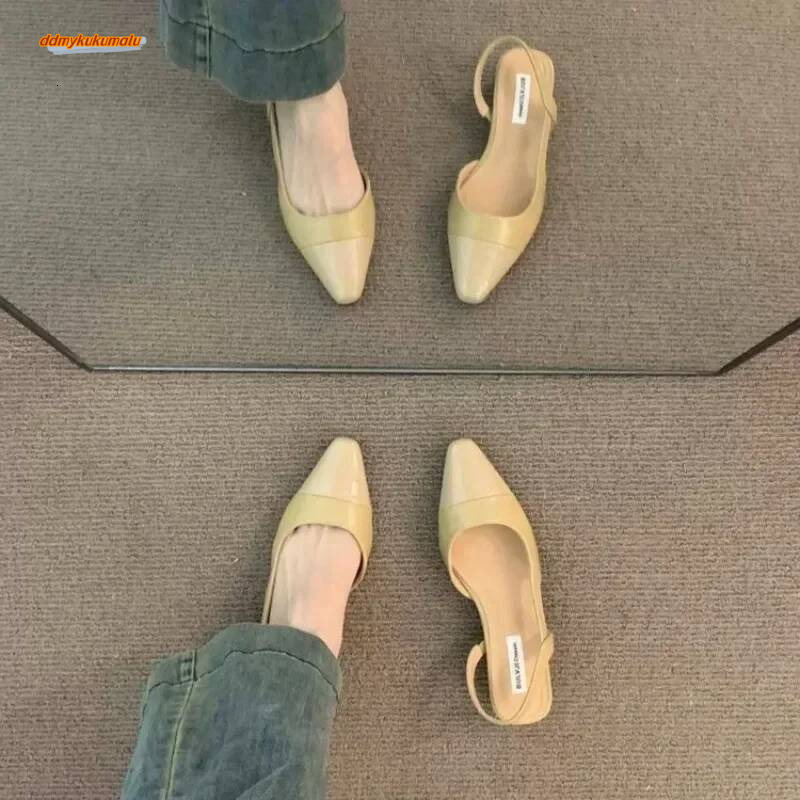 24Low Heel Baotou Sandals Women's French Nude Color Pointed Small Fragrant Ladies Thick Heels Back Air Style Single Shoes ddmykukumalu