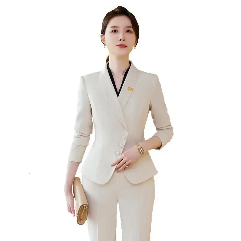 Almond Blue Womens Formal Pants Set Jacket and Trouser Work Clothes Autumn Winter 2piece 250530