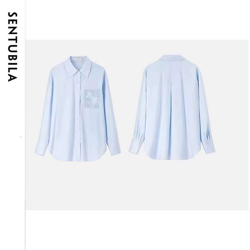 SENTUBILA Embroidery Cotton Women Shirt 2025 Spring Autumn Loose Fit Drop Long Sleeve Simple Commute Shirts & Blouses 143C56224
