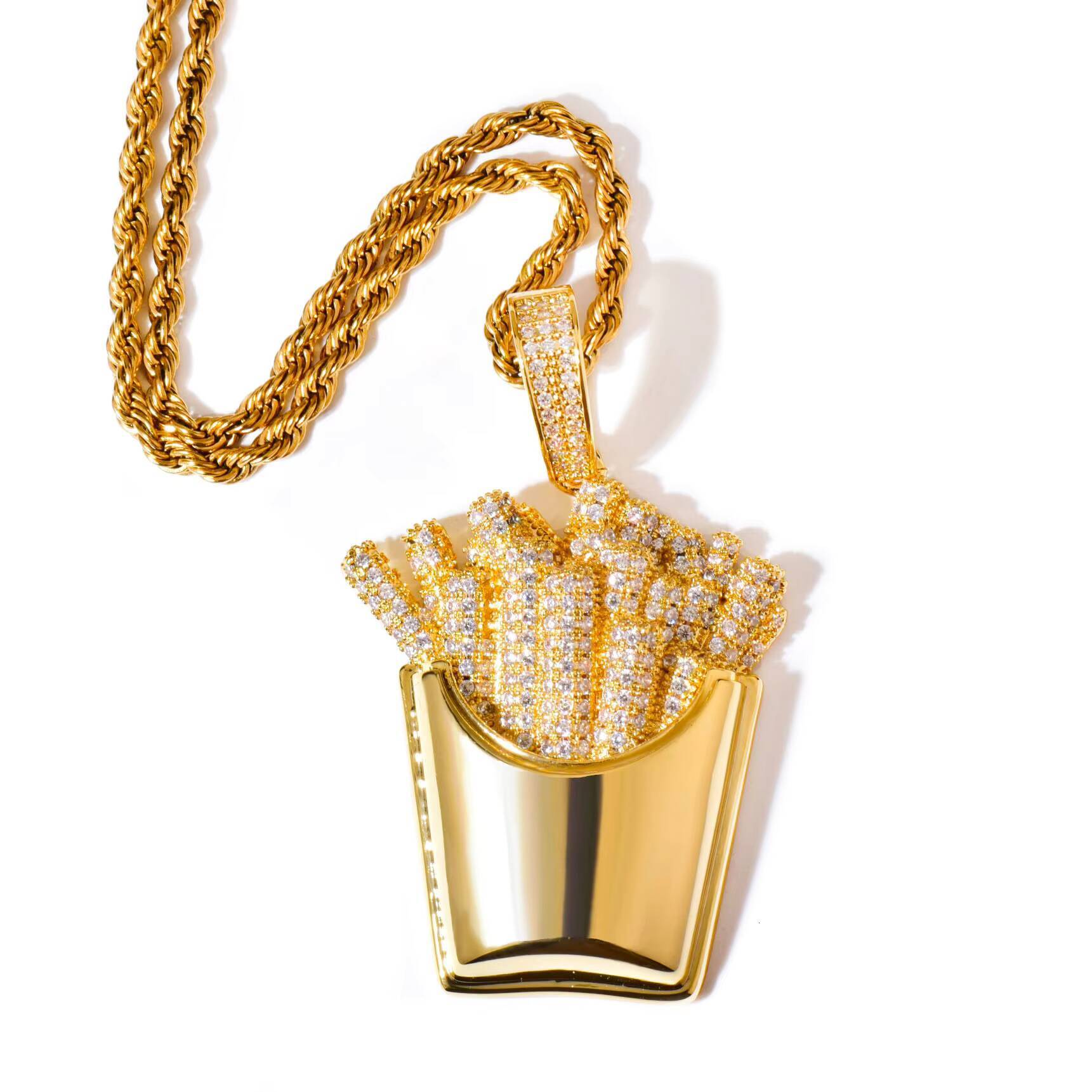 Wholesale Luxury Stainless Steel Colorful French Fries Pendant Necklaces Iced Out Zircon Necklace Hiphop Fashion Jewelry